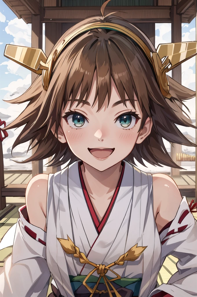 Highest quality, masterpiece, High resolution, 一人in, {Hiei_Fleet Collection:1.15}, brown_hair, short_hair, hairband, headgear, Non-traditional_Shrine maiden, smile, green_eye, Inverted up_hair, Open_mouth, One girl, independent_sleeve, Japanese_Clothes, Looking_in_Audience, ribbon-trimmed_sleeve, ribbon_trim, whole body, Furon, white_p wa Background, one hour_drawing_Challenge