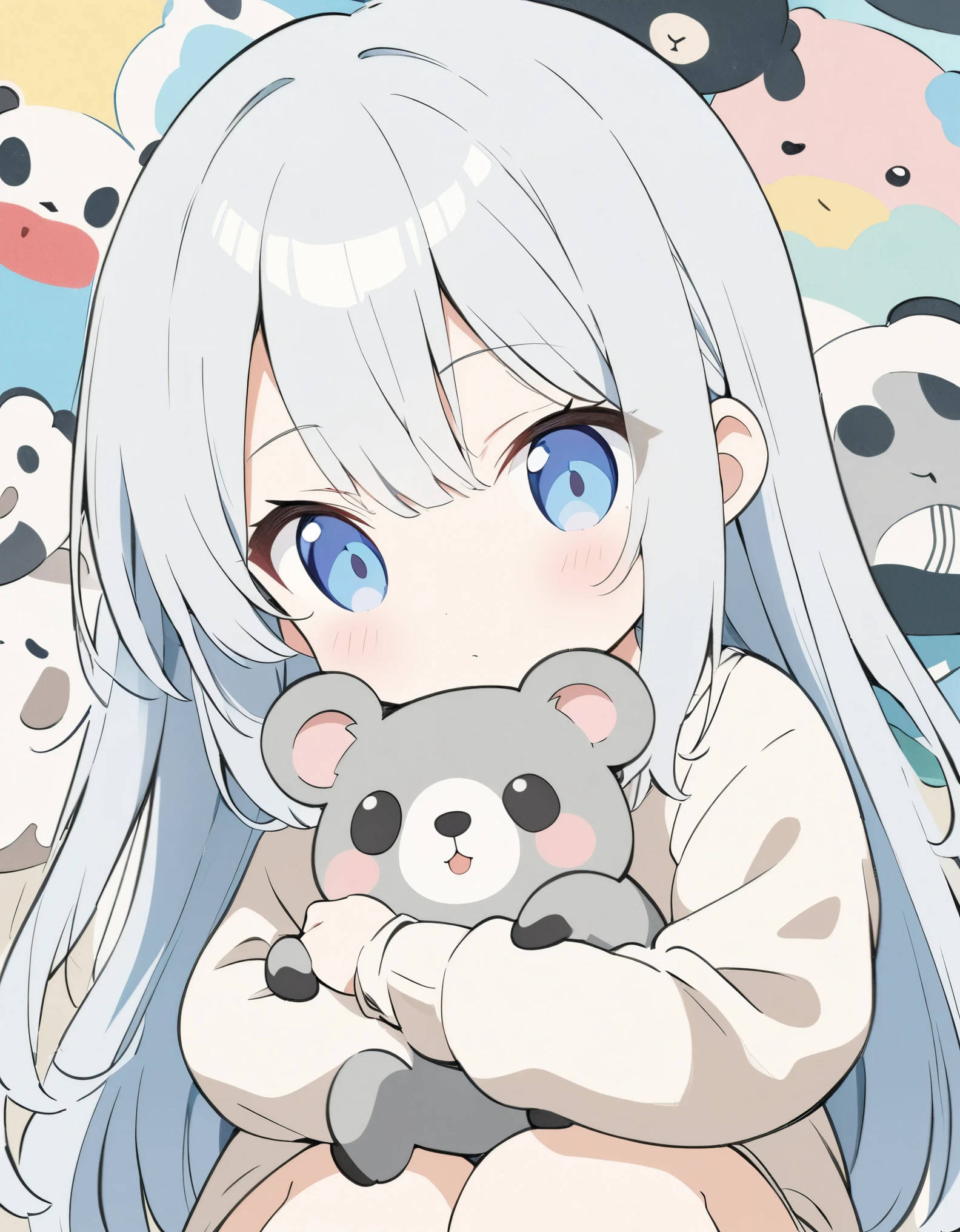 (Anime Style:1.4),(Colored pencil style:1.1),A soft touch to painting、超High resolution, Attention to detail, high quality, High resolution, 最high quality, 4K, 8K,Girl hugging a koala、Pop Background、cute,