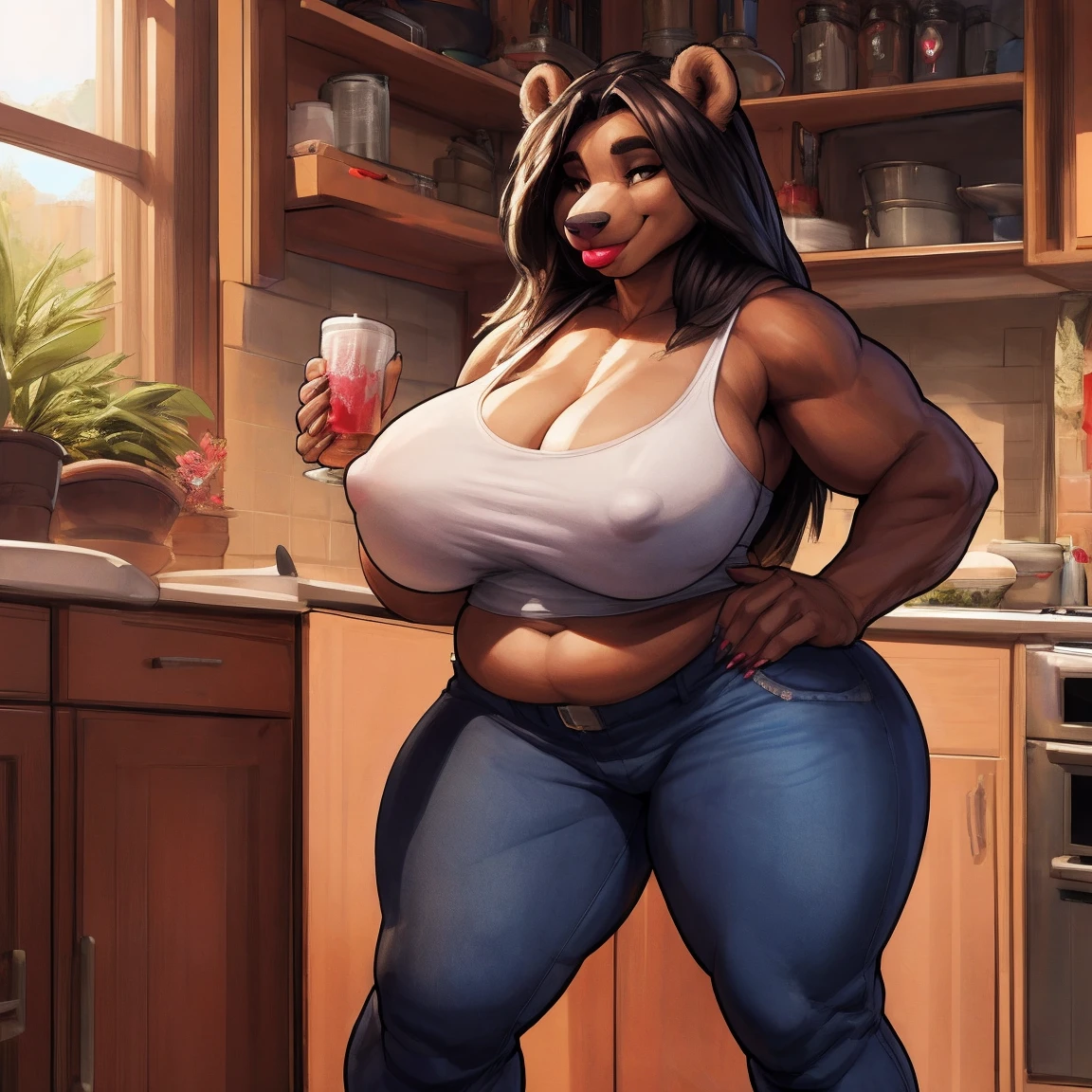 by darkgem, by duase, by boosterpang, by bng, soft figure, curvy, chubby, bbw, heavy, grizzly bear, female, milf, older woman, furry body, wide body, short woman, shortstack, wide hips, thick thighs, big arms, (huge breasts:1.1), heavy breasts, nipple outline, highly detailed eyes, dark hair, long hair, milf, big lips, tank top, bare midriff, cleavage, large areolae, (low jeans:1.4), bare midriff, visible thong straps, Masterpiece, best quality, absurd res, anthro only, kitchen environment, motherly smile, standing upright,