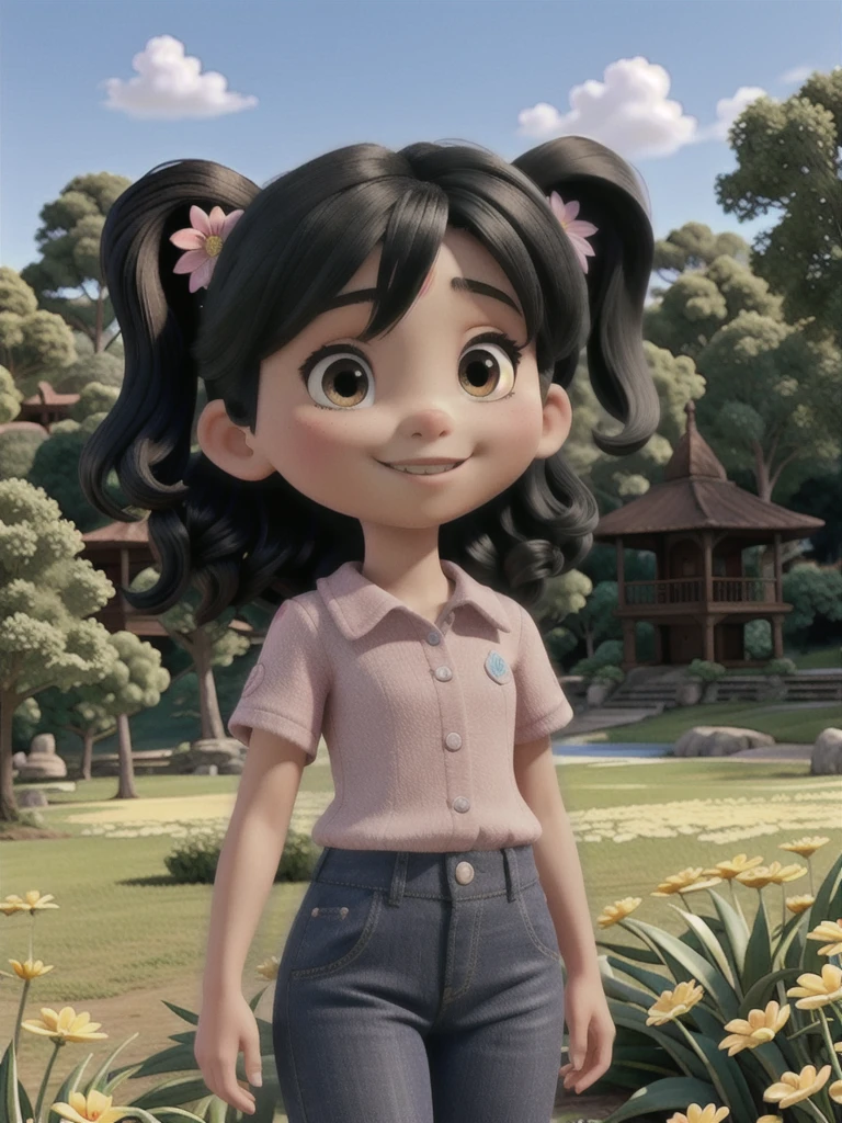 
A stunning beauty cute little Javanese girl, her name is Sora, 5 years old. Beautiful silky black short hair, beautiful black eyes, beautiful pink lips and smiling happily. She's wearing a magenta shirt, and a blue jeans jumpsuit with a brown bear cartoon image embroided. Also she's wearing brown sandals. Her hand is holding flowers from the meadows in the riverside. A white sheep at her behind eating a flower. Very detailed anatomy, very detailed face, very detailed background, very detailed clothes. Photorealistic HD image, very wide angle, top to toes, full body, A Masterpiece.