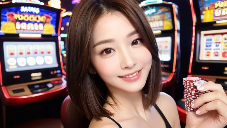 ((best quality, 8K, Masterpiece: 1.3)), 1 woman, Beautiful figure, slim stomach.: 1.3, (short hairstyle brown hair, big: 1.2), set: 1.1, The face is extremely slender., delicate eyes, Double eyelids, smile, (random background,In casinos,VIP casino room, Modern Casino Console, Modern Slot Machines ), raw image
