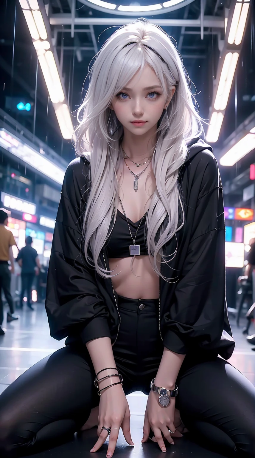 27 year old white woman, platinum blonde hair, purple eyes, Long hair, My hair is wavy, accessory on my wrist, necklace, smile, big , My abs are cracked, muscular body  slim muscles, I don't want my head to disappear from the screen.、I'm punching my chest、Shiny skin、She's wearing a black hooded hoodie、I'm wearing black leggings、work  with the computer, it was raining heavily outside.  Sharp high resolution images.