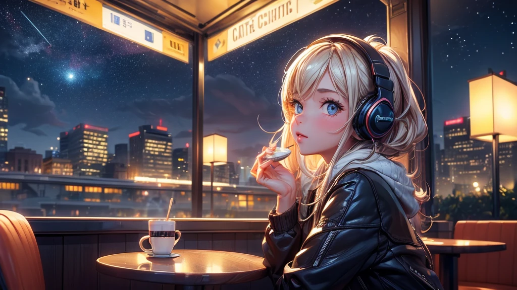 ((masterpiece)),(((bestquality))),((ultra-detailed)) realisticlying, 1 girl, Beautiful, wearing headphones, enjoying hot coffee solo, Late Night Cafe, looking to viewer, city, starry sky, cloud, night.
