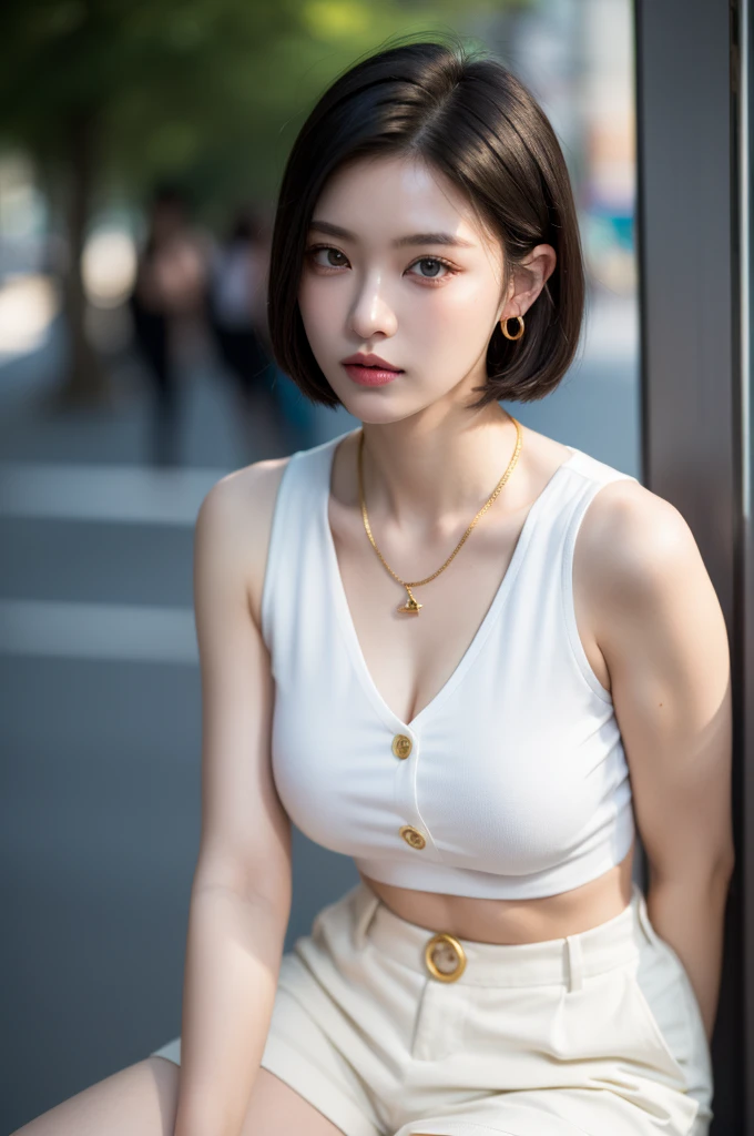 (masterpiece, best quality, beautiful and aesthetic:1.3), 1 Girl, Solitary, White waist short suit,Gold suit buttons,White shirt,White trousers,Mermaid Line,A faint smile, portrait, Looking at the audience, Android 18, (White short hair:1.3), blue eyes, eyelash, Hoop Earrings, necklace, On the Street
