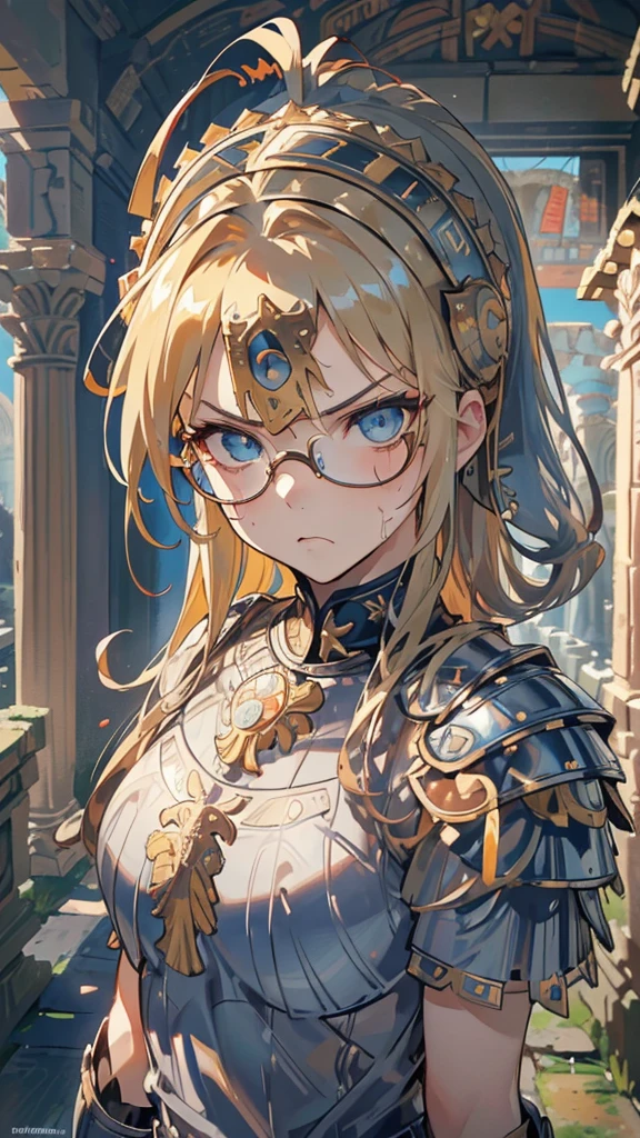 Best quality, Ultra detailed, best quality, insanely detailed, beautiful, masterpiece, 8k,
break
Ancient roman,
break
1girl, blonde hair, (slicked back hair:1.2), forehead, long hair, high ponytail, (blue eye glasses:1.2), tareme , blue eyes, ultra detailed eyes, (ancient roman armor:1.5), (ancient roman helmet:1.5), pale skin , full body, portlait, strong facial expression,(sharp eye:1.2),(scowl:1.1), (stare at viewer with stern eyes:1.5), ,nsfw,(ecstasy:1.3) ,(slut:1.2),(vulgarity:1.3),(fucked silly:1.1),(steam:1.1),(wet:0.8),(trembling:0.8),(tears:0.7) ,(drooling:0.6),(sweat:0.8),sword, ancient roman shield,