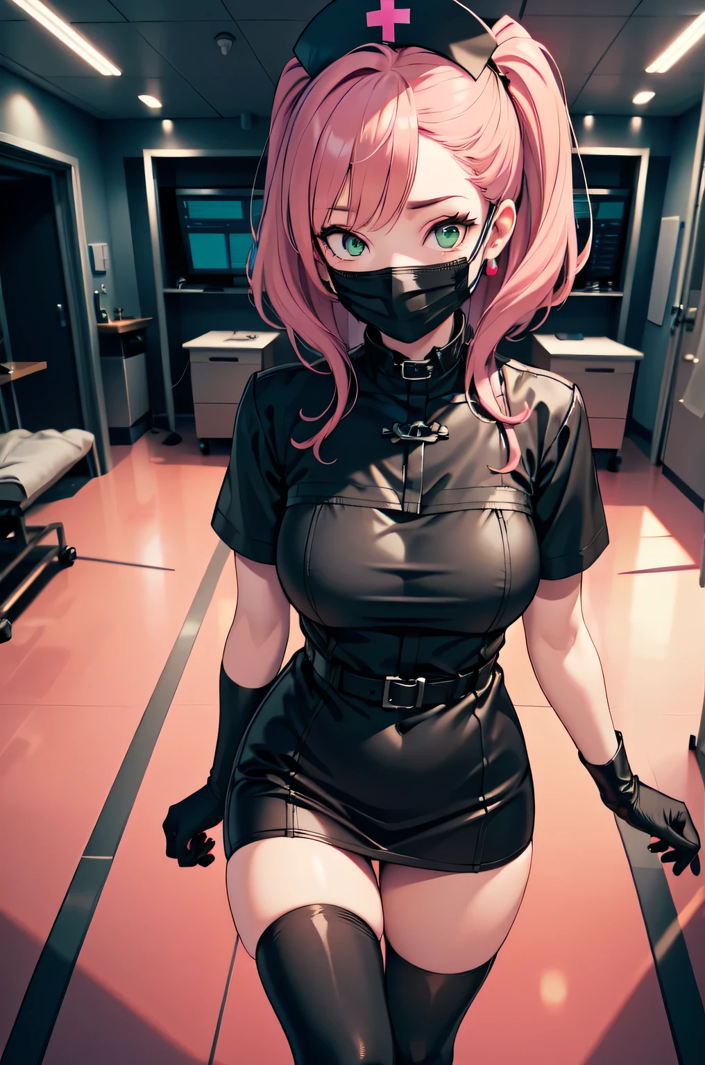 black nurse, 1girl, solo, black nurse cap, black nurse uniform, ((black legwear, zettai ryouiki)), black elbow gloves, pink hair, green eyes, drooping eyes, ((black surgical mask, covered nose)), standing, ((surgery room)), sharp outline, short sleeves, best quality, masterpiece