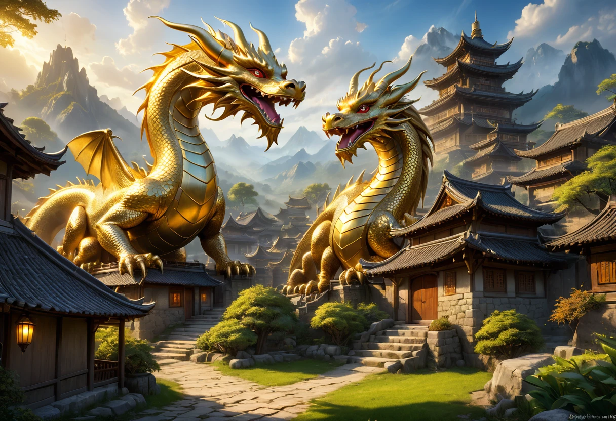 hidden village, mystical artistic, gold dragon, gold lighting, HDR, 4k resolution, (painting realistic : 1.3), (ultra high resolution: 1.0 ), (((best quality, 8 thousand, masterpiece:1.4))