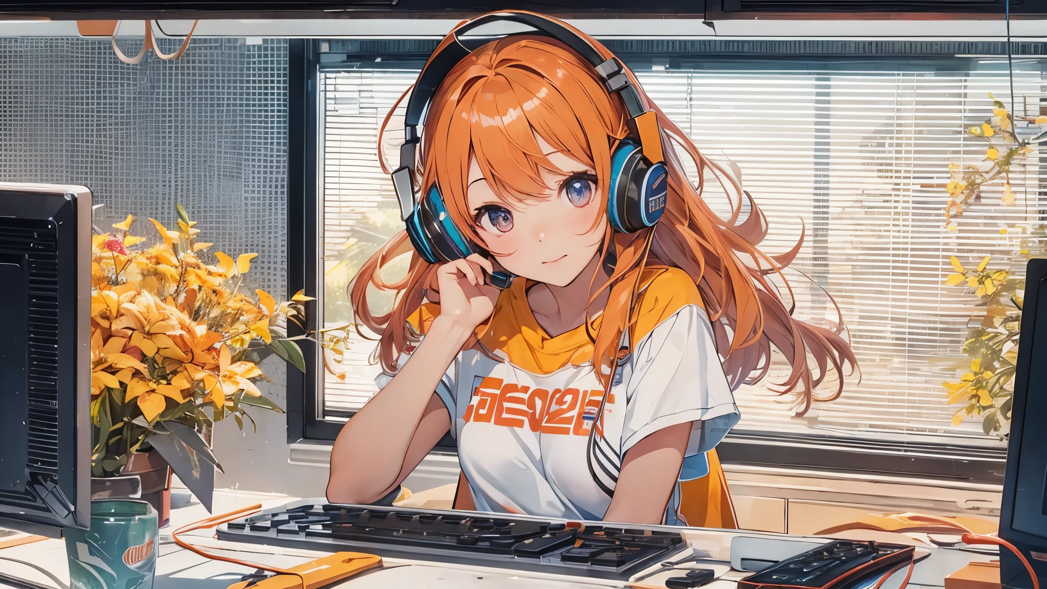 high resolution、One Girl、Wearing headphones、Logo T-shirt and hot pants、In the girl&#39;s room、Studying on a computer、Large monitor、Vibrant colors、Vivid Color、Warm shades、Full body images、Orange long hair、