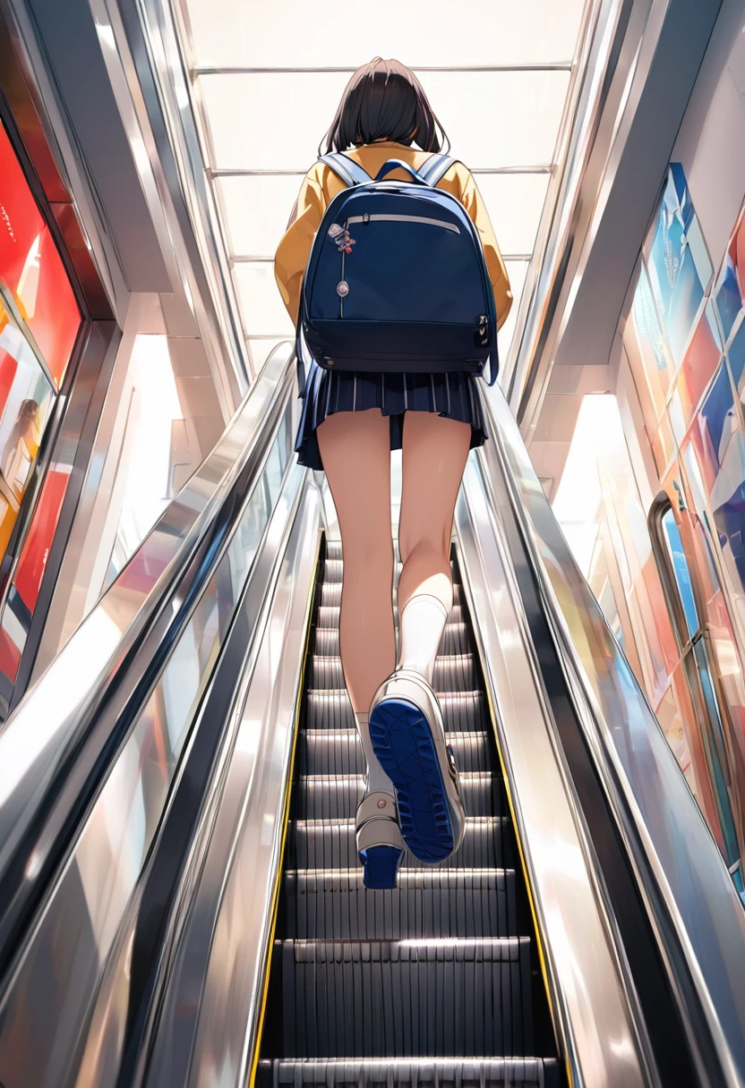 High school girl in the back、On the way to school、Take the escalator、High 、from behind, from below、Close-up