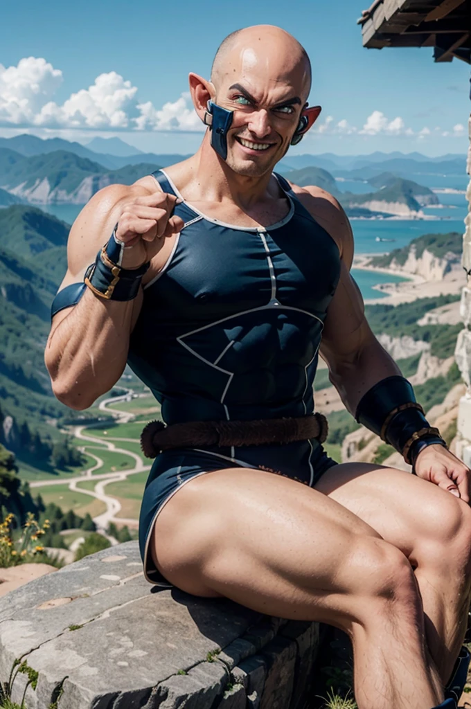 napa,Fatboy,pink skin,earls elf, bald,spik head pink,short legging brack, black eyes, scouter, muscular, dark blue saiyan armor, dark blue vambraces, dark blue boots, faulds, black briefs, tail around waist, looking at viewer, evil grin, serious, sitting, on a large rock, on a mountain, distant city, ocean, extreme detail, masterpiece,
