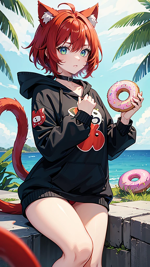 A character with bob hair, red hair and cat ears Red Tail B Cup Blue-green eyes A light brown hoodie with a donut pattern Thighs Tree Eyes