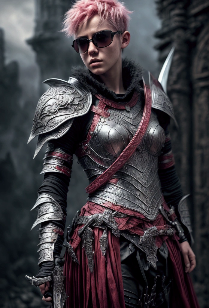 a giantess warrior princess with short pink hair, armor, holding a big sword, a small short male fairy with short black hair, crimson red wings, wears shades and wears black and gray clothing, hyper realistic, 8k, photorealistic, masterpiece, oil painting, dramatic lighting, vibrant colors, cinematic, epic fantasy