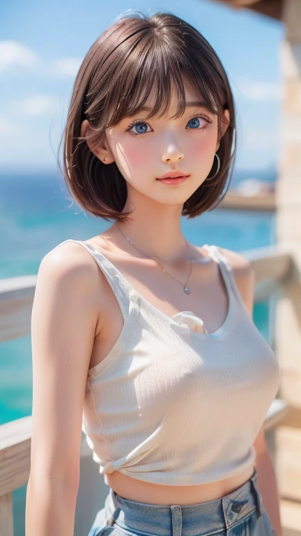 ((SFW: 1.4)), ((Detailed face, Professional photography)), ((SFW, Super Short Hair, side lock hair, Blonde, big, Clear sky blue eyes, Earrings, 1 Girl)), Ultra-high resolution, (Realistic: 1.4), RAW Photos, Highest quality, (PhotoRealistic Stick), concentrated, Soft Light, (()), (( (Young Face))), (surface), (Depth of written boundary), masterpiece, (Realistic), woman, bangs, ((1 Girl))