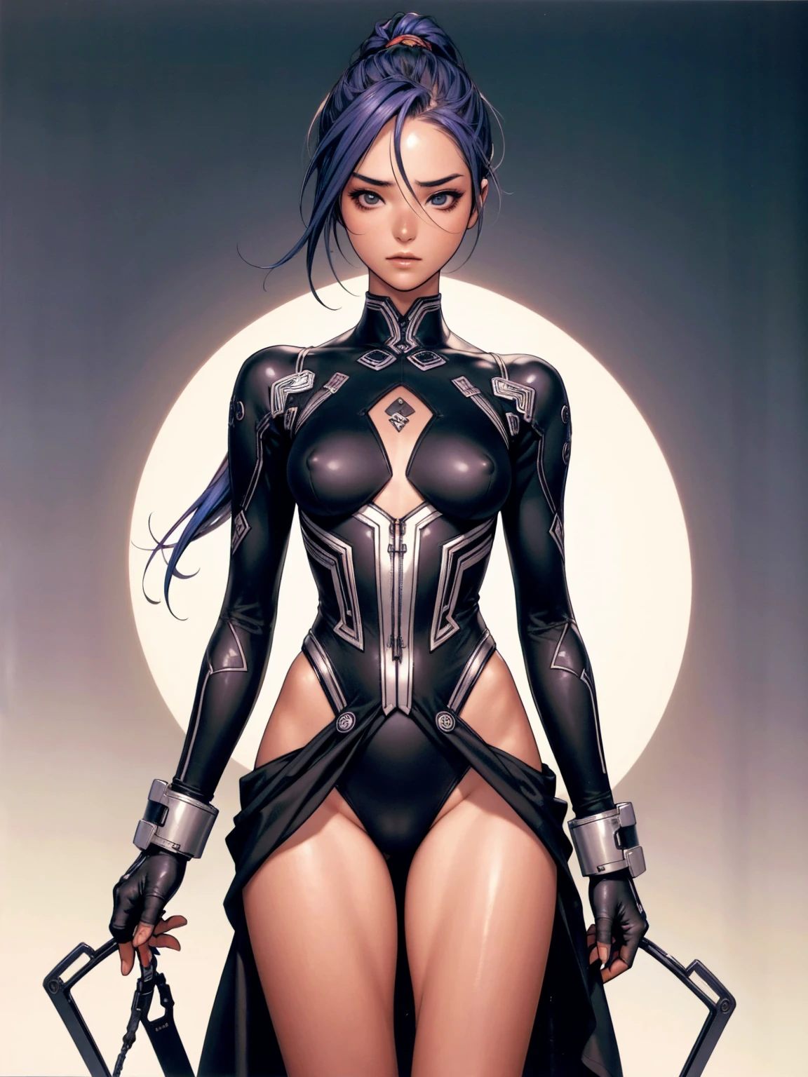 ((( transparent black suit ))), (((bandaged arms))), ((high collar)), (((micro skirt with vertical seams all closed))), (((multi-colored hair))), (((best qualityer: 1.4))), (Unbeatable masterpiece), (hiper HD),(CG 8k hyper-realistic), (((brave face))), (((breasts big))), (((hyper feminine))), sexly girl, Thor,（black bob hair)), ((( sculptural body ))), (((1 Kizi))), Kizi cibernética de 25 anos com perfectbody,,Beautiful and well-groomed face,muscular body:1.2,solid color detailed jacket, (Head to thigh photos), Complex equipment, green dark，long pants，Tight clothes are dark，With white stars and off-white stripes,,,,,Armor Metal Electronic Parts) INFO, Kizi, (((standing alone))), pirralha violent, (((14歳))), sexly, pose de atitude, work of art, post-apocalypse, (((manga style))), bounty hunter, violent, Manic, the way you want, slenderbody, thin but strong, perfectbody, roupa moderna, advanced technology, neon, sleeves with vertical striped pattern, neutral background, (( cowboy shot )). intricate visual