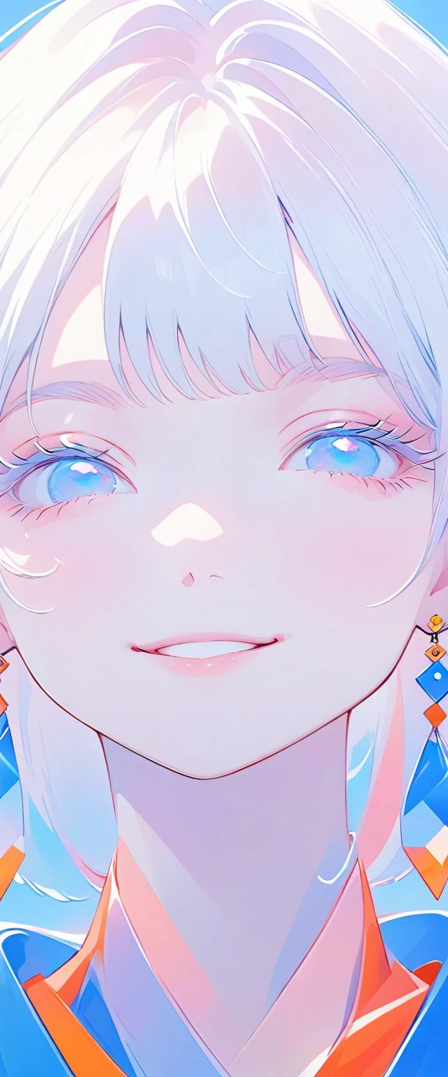 minimalist,fashion girl,white hair,blue background,Wearing special earrings,Bohemian style,Defined eyelashes,Full bright blue eyes,Clean and transparent eyes,close up,Portrait facing camera,Smile flat illustration,Geometry,clean,japanese manga