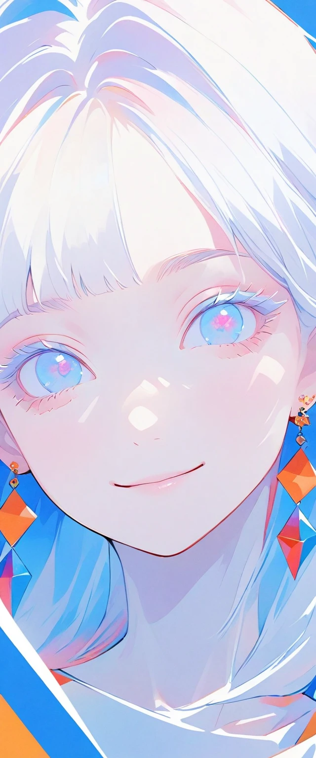 minimalist,fashion girl,white hair,blue background,Wearing special earrings,Bohemian style,Defined eyelashes,Full bright blue eyes,Clean and transparent eyes,close up,Portrait facing camera,Smile flat illustration,Geometry,clean,japanese manga