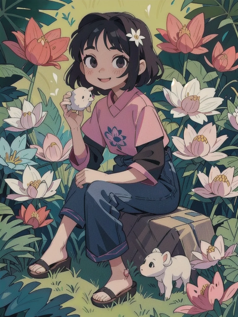 
A stunning beauty cute little Javanese girl, her name is Sora, 5 years old. Beautiful silky black short hair, beautiful black eyes, beautiful pink lips and smiling happily. She's wearing a magenta shirt, and a blue jeans jumpsuit with a brown bear cartoon image embroided. Also she's wearing brown sandals. Her hand is holding flowers from the meadows in the riverside. A white sheep at her behind eating a flower. Very detailed anatomy, very detailed face, very detailed background, very detailed clothes. Photorealistic HD image, very wide angle, top to toes, full body, A Masterpiece.