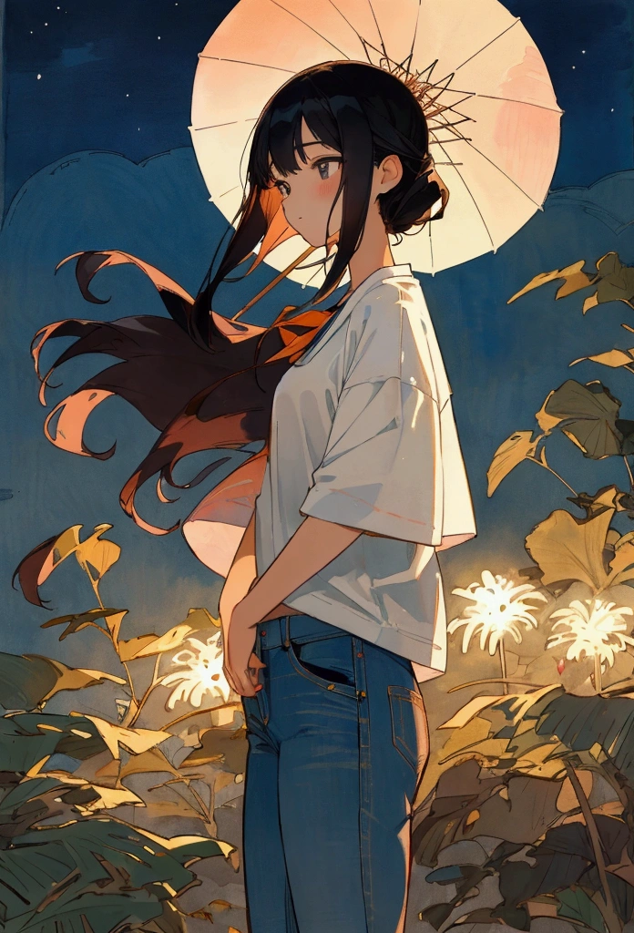 Ultra-precision illustration, High resolution, Dynamic Angle, Beautiful details, 8K, high quality, Japanese summer night fireworks festival, Colorful illustration of a high school student in a white t-shirt and jeans , High school girl wearing yukata. First Date, Two freshman high school students.The illustrations are delicate and carefully drawn., Beautiful summer, Background watercolor, Artistic and contemporary illustrations, Delicate and elegant watercolors and rich colors.