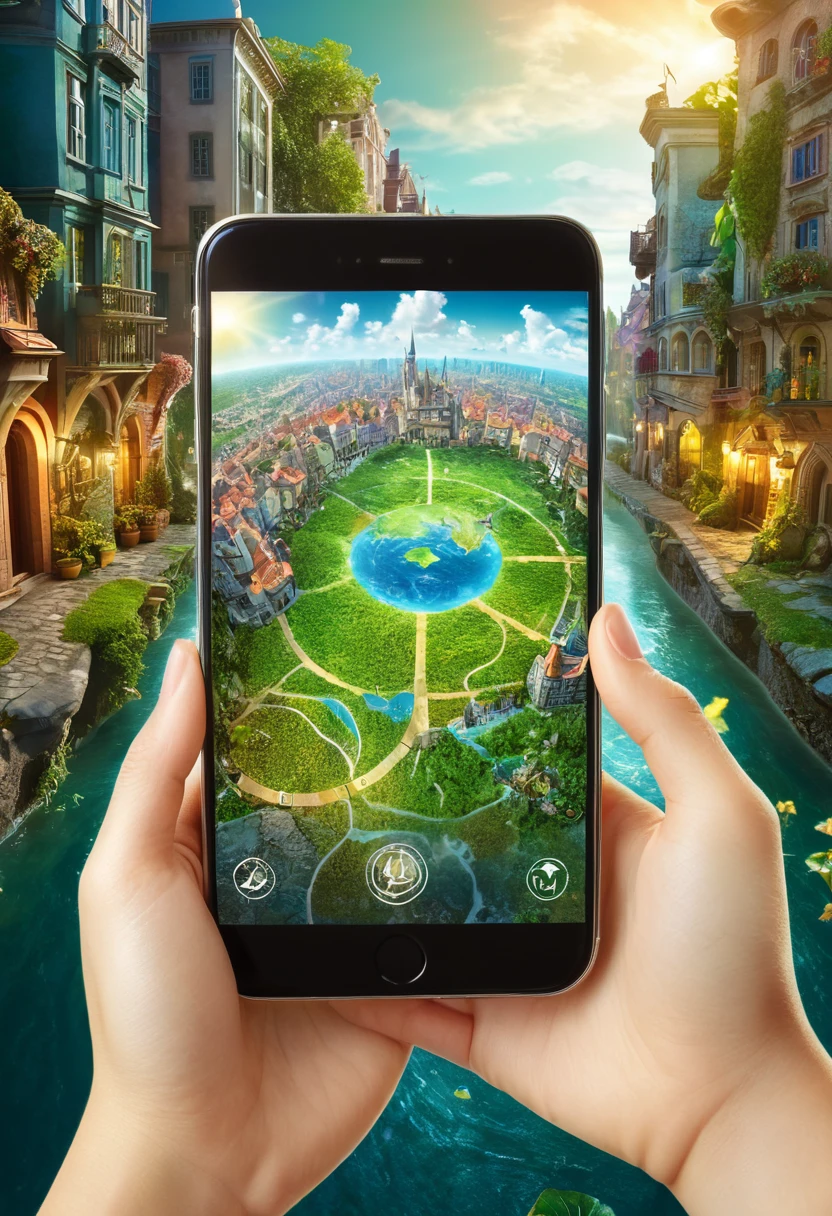 It's very realistic, with a smartphone in your hand and a earth map displayed on the smartphone screen, There is a part of a magical city that looks like a fairy tale in the depths of the image, outdoor