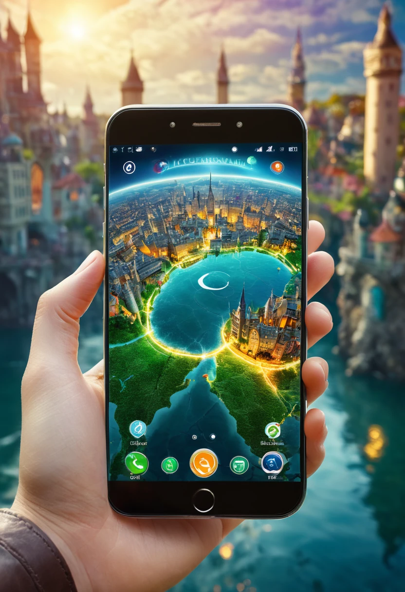 It's very realistic, with a smartphone in your hand and a earth map displayed on the smartphone screen, There is a part of a magical city that looks like a fairy tale in the depths of the image, outdoor