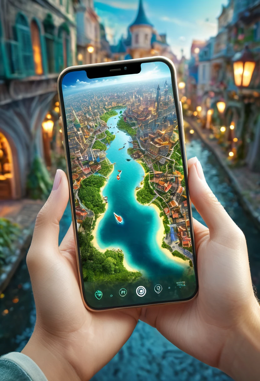 It's very realistic, with a smartphone in your hand and a earth map displayed on the smartphone screen, There is a part of a magical city that looks like a fairy tale in the depths of the image, outdoor