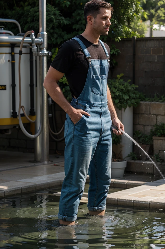 man wearing overalls for work standing , full body , side profile and using water hose with his hands