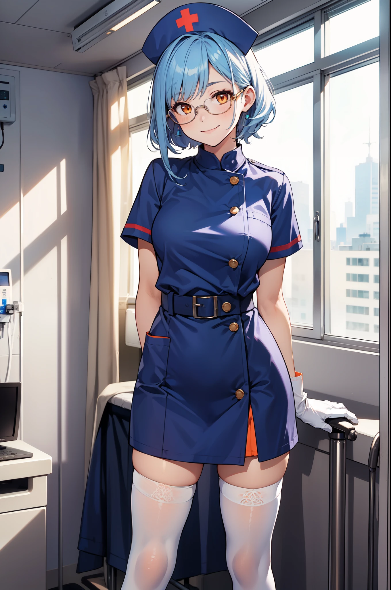 1girl, solo, nurse, nurse cap, white nurse uniform, ((white legwear, zettai ryouiki)), white gloves, glasses, blue hair, orange eyes, smile, standing, ((hospital room)), sharp outline, short sleeves, best quality, masterpiece