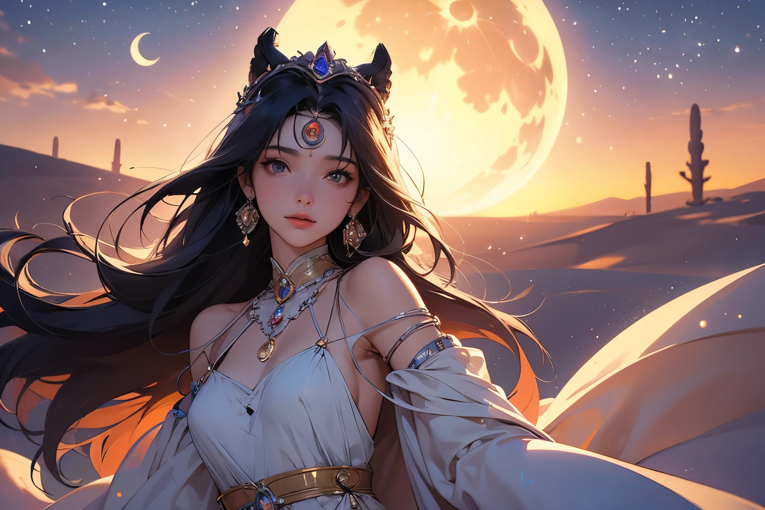 Moonlit Night、(Crescent Moon)、A young princess travelling through the moonlit desert、Beautiful Face、(With camels)、Wearing a loose, thin silk robe、In the middle of a vast desert、Sand dunes stretching to the horizon、Clear night sky、Capturing the essence of determination and wisdom、Subtle warm tones、High resolution、Super detailed、