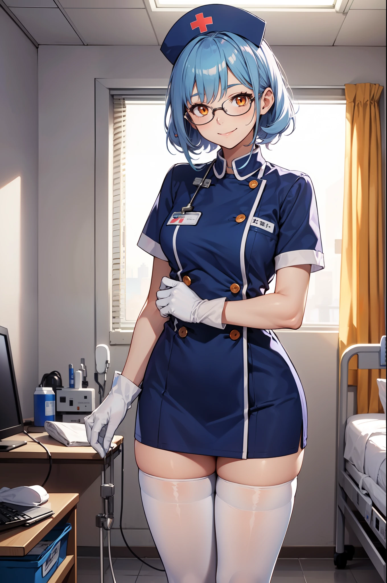 1girl, solo, nurse, nurse cap, white nurse uniform, ((white legwear, zettai ryouiki)), white gloves, glasses, blue hair, orange eyes, smile, standing, ((hospital room)), sharp outline, short sleeves, best quality, masterpiece