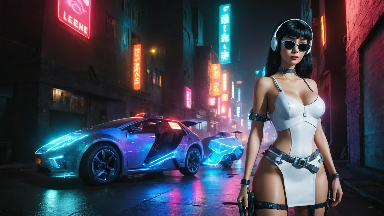 At night, dark sky, distant shot aerial view of fantasy cyberpunk style ice ((Moai-statue)) city, ((flying car)). ((1girl, solo, alone)), medium-breast:1.1 slim body, cleavage, sexy clothes, (headphone, black sunglasses, long black realistic hair), (((hip-up standing and holding pistol))), (((((half-body thigh level medium shot))))), cinematic lighting, lens flare, ray tracing.