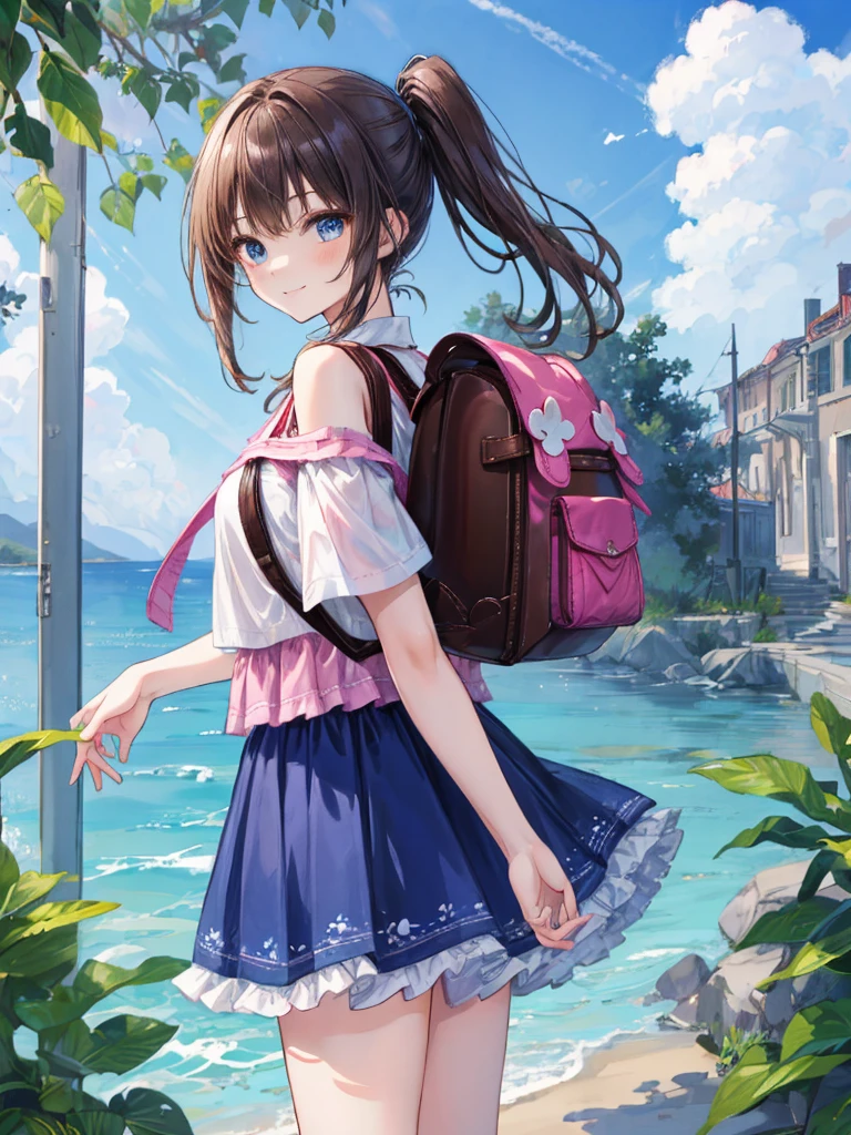 masterpiece, Highest quality, High resolution, One girl, Long Hair, One side up, alone, ponytail,Brown Hair, blue eyes, Bare shoulders, Pink Shirt, Floral print, Short sleeve, Off-the-shoulder shirt, Frills, Blue Skirt, Cowboy Shot, smile,Are standing, whole body,(whole body :1.1), Wearing high heels, With a backpack on, (randoseru backpack:1.2), Outdoor, Day