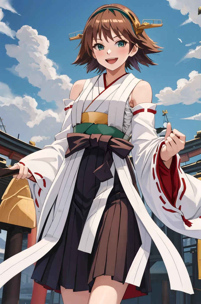 Highest quality, masterpiece, High resolution, 一人in, {Hiei Kai-2_Fleet Collection:1.15}, brown_hair, short_hair, hairband, headgear, Non-traditional_Shrine maiden, smile, green_eye, Inverted up_hair, Open_mouth, One girl, independent_sleeve, Japanese_Clothes, Looking_in_Audience, ribbon-trimmed_sleeve, ribbon_trim, whole body, Furon, white_p wa Background, one hour_drawing_Challenge