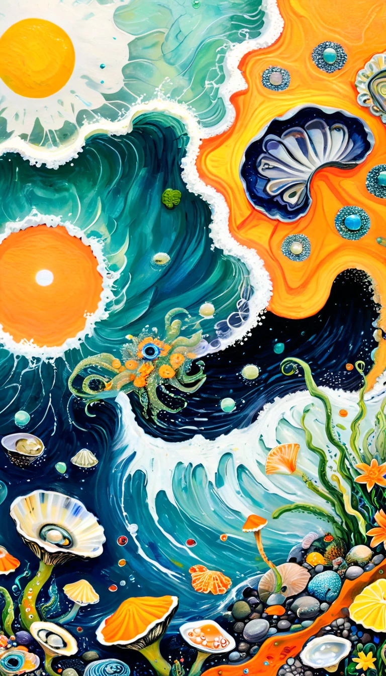 Children's graffiti,Thick coating，Concave and convex texture，Oil pastel strokes：Waves、Oysters、flowesh、Tentacles、Beach，Stone、pearl、Tears、Eye、diatom，Abstract mosaic painting，Describing the inner world of autistic people，Sense of space，White Space，interesting，Innocence，Psychedelic Art，Orange overall