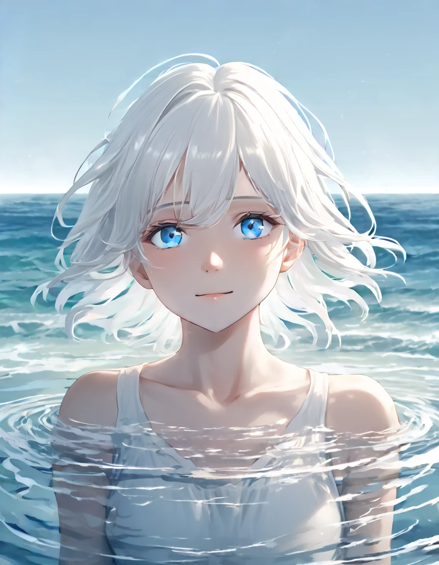 Anime style female character in water, (long  white hair:1.2), (Kind expression:1.1), blue colored eyes, white top, (rippling effect of water around the body:1.3), sunlight reflecting on the water, Clear sky, subtle splashes of water, high-resolution digital art, soft color palette, atmosfera tranquila, (serene ocean background:1.1), Realistic water texture
