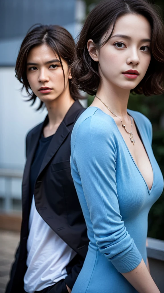 Highest quality、masterpiece、Ultra-high resolution、(Photorealistic:1.4)、RAW Photos、One Girl、Brown Hair、blue eyes、Eye and facial details、Black suit、Dynamic Lighting、Cloudy、Deep Shadow、Cowboy shot full body、Slime-ified、Slender、Model Body Type、、necklace、bracelet、necklace、Curly Hair
