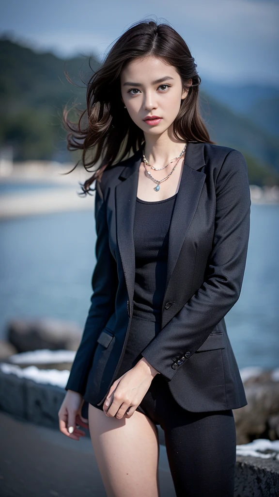 Highest quality、masterpiece、Ultra-high resolution、(Photorealistic:1.4)、RAW Photos、One Girl、Brown Hair、blue eyes、Eye and facial details、Black suit、Dynamic Lighting、Cloudy、Deep Shadow、Cowboy shot full body、Slime-ified、Slender、Model Body Type、、necklace、bracelet、necklace、Curly Hair