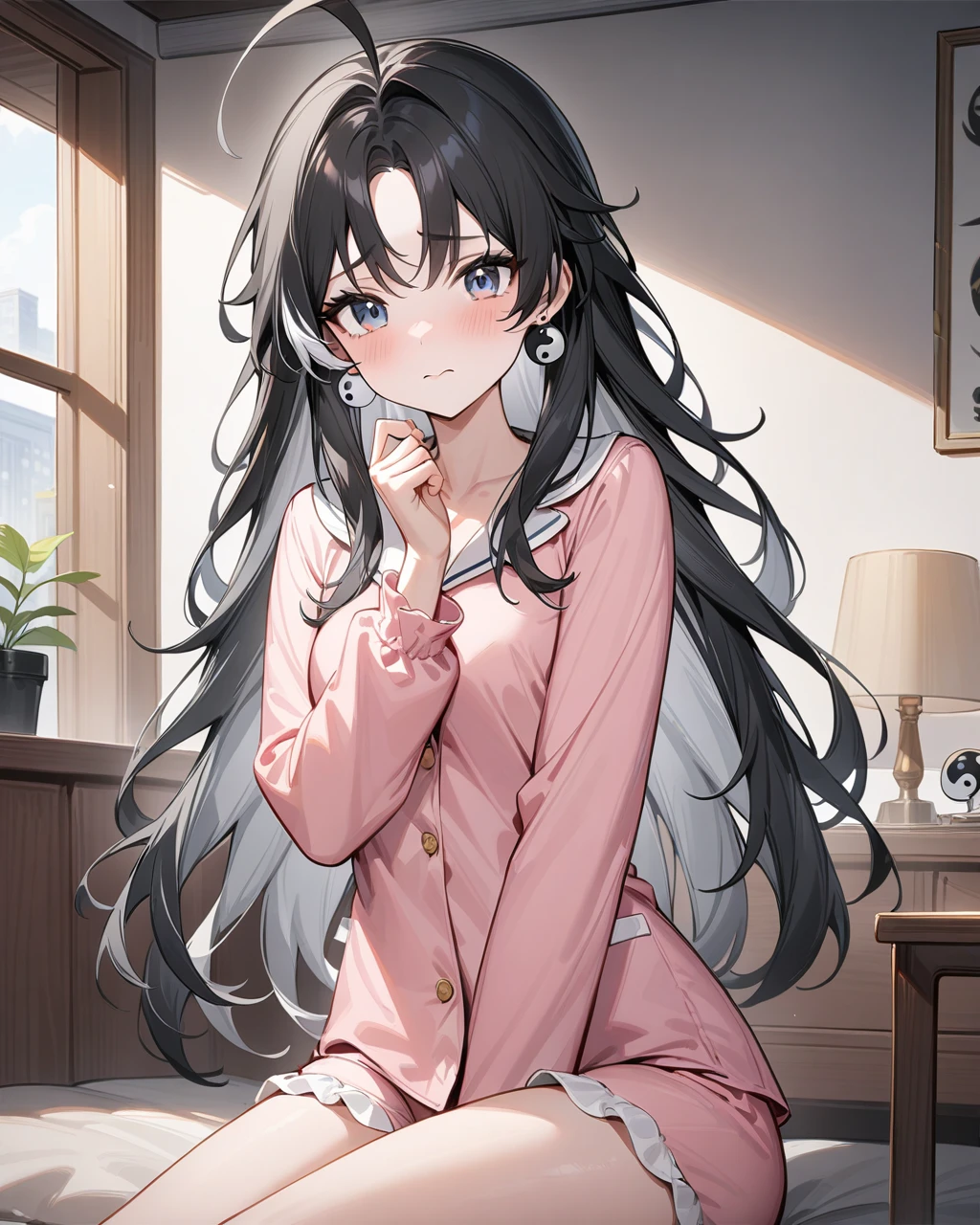 masterpiece,best quality,cute pajamas,indoors,looking at viewer,shy, jianxin,1girl,solo,jewelry,earrings,black hair,multicolored hair,long hair,ahoge,yin yang