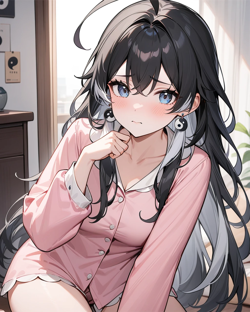 masterpiece,best quality,cute pajamas,indoors,looking at viewer,shy, jianxin,1girl,solo,jewelry,earrings,black hair,multicolored hair,long hair,ahoge,yin yang