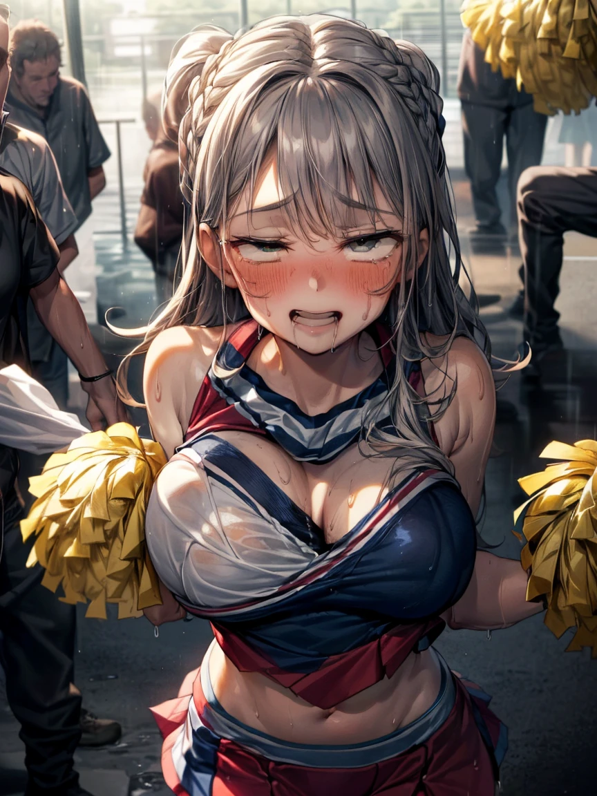 (Very tiny girl rides guy perfectly:1.5)、(Petite girl riding:1.3)、(Big Breasts:2)、(eyes half closed:1.9)、(Grin:1.1)、(tears:1.2)、(The body shakes violently)、8K resolution、 ((Highest quality))、Anatomically correct、(Cheerleader:1.9)、((Hasselblad Photos))、[:(Detailed face:1.2):0.2]、(heavy rain:1.5)、(Sweaty:1.6)、(Top view:1.9)、(braid one's hair:1.5)、(Loss of strength from the body:1.3)、(呻吟)、(Jump:1.6)、(Surrounded by a lot of middle-aged men:1.6)、((Upper Body:1.9))、(Leaning forward:1.6)、(rape:1.3)、(shame:1.6)