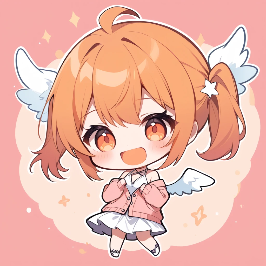 orange hair, orange eyes,girl,Pigtails with the ends tied up,laugh, chibi, little witch, 1 woman,halterneck,White dress,pink cardigan,panties,Angel Wings