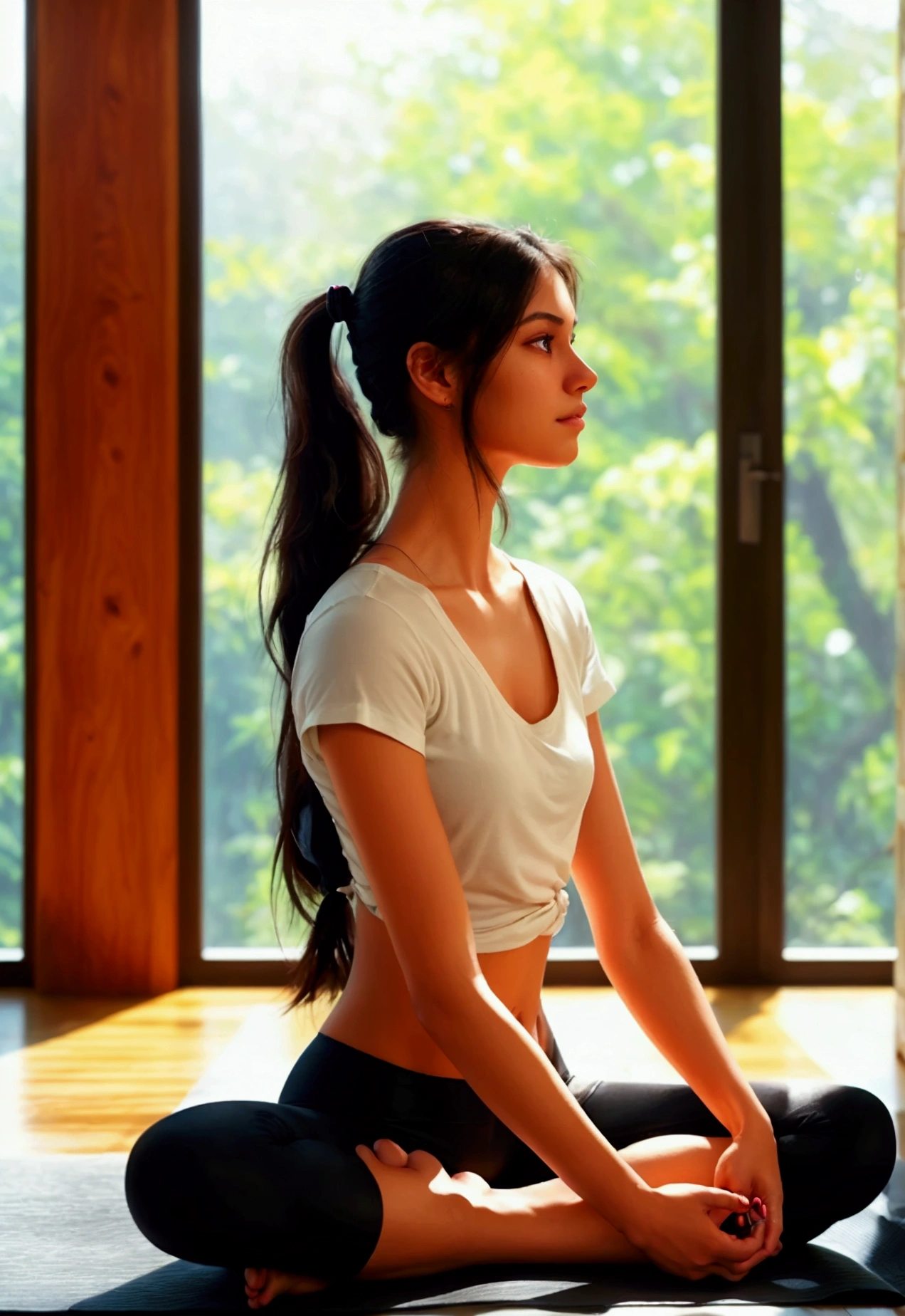 anika anika Create a realistic portrait of a young woman named anika. She is performing a yoga pose, sitting on a yoga mat in a serene and spacious living room. She is wearing a white t-shirt and black leggings that accentuate her athletic figure. Her long, dark hair is tied back in a ponytail, and she has a focused and calm expression. The background shows large windows letting in natural light, with a view of greenery outside. There is a minimalist wooden panel along the wall and light-colored flooring, creating a peaceful and inviting atmosphere. The lighting is natural, highlighting her facial features, the details of her yoga pose, and the tranquility of the scene.