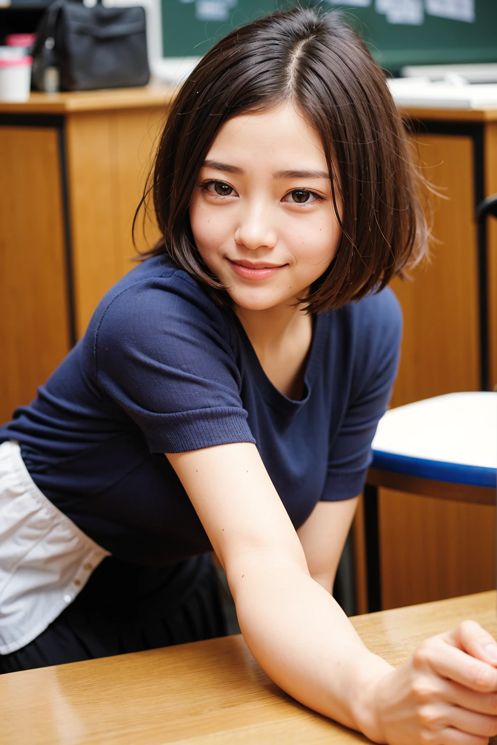 Top quality, 1 beautiful woman, super short Hair, shy-smile, at classroom, Highschool girl, student