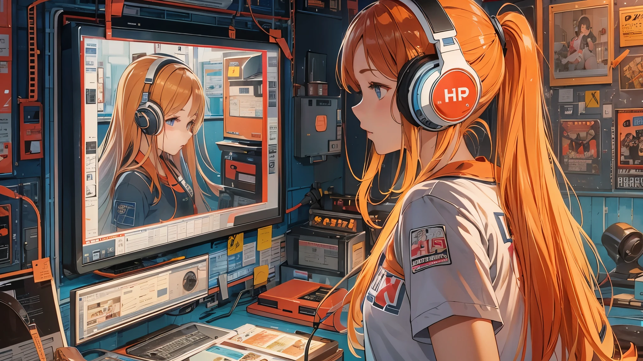 high resolution、One Girl、Wearing headphones、Logo T-shirt and hot pants、In the girl's room、Studying on a computer、Large monitor、Vibrant colors、Vivid Color、Warm shades、Full body images、Orange long hair、