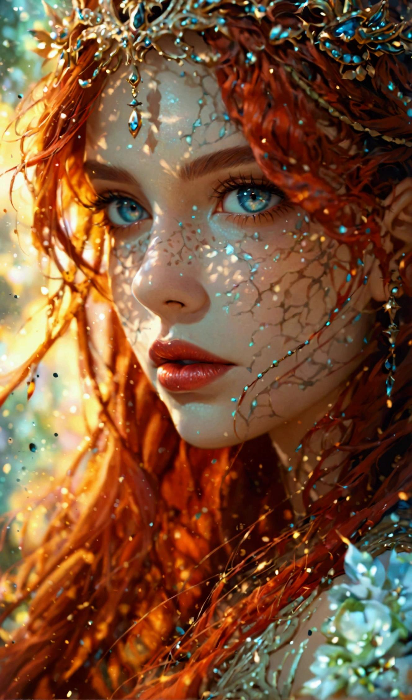 girl with long red hair,beautiful detailed eyes,beautiful detailed lips,extremely detailed face and portrait,long eyelashes,1girl,intricate details,dynamic pose,ethereal,fantasy,vibrant colors,dramatic lighting,photorealistic,8k,high quality,masterpiece,digital art