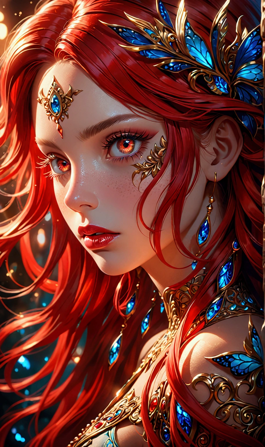 girl with long red hair,beautiful detailed eyes,beautiful detailed lips,extremely detailed face and portrait,long eyelashes,1girl,intricate details,dynamic pose,ethereal,fantasy,vibrant colors,dramatic lighting,photorealistic,8k,high quality,masterpiece,digital art