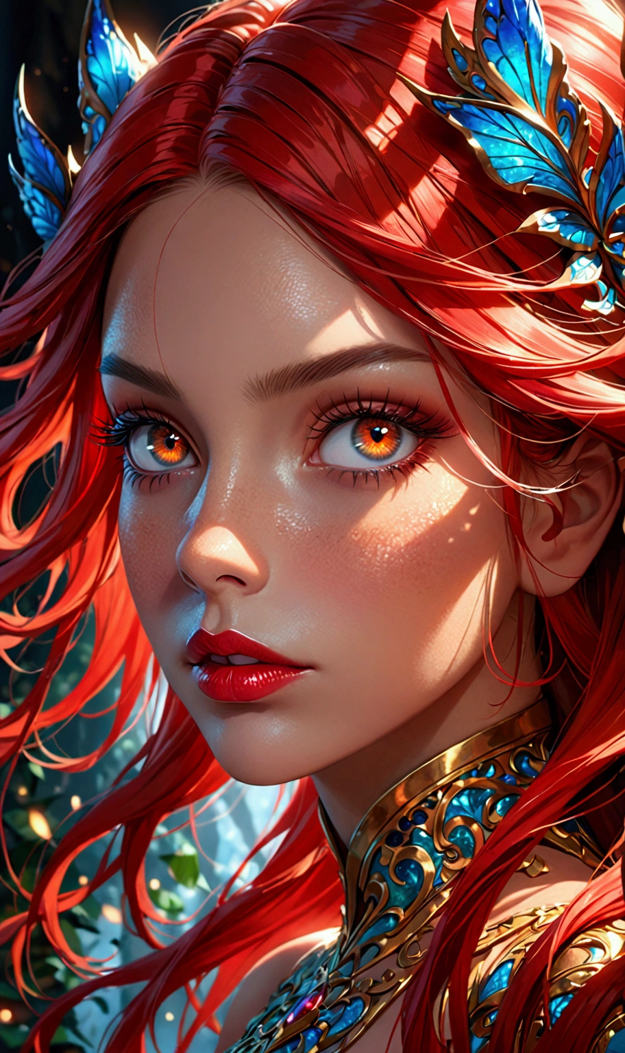 girl with long red hair,beautiful detailed eyes,beautiful detailed lips,extremely detailed face and portrait,long eyelashes,1girl,intricate details,dynamic pose,ethereal,fantasy,vibrant colors,dramatic lighting,photorealistic,8k,high quality,masterpiece,digital art