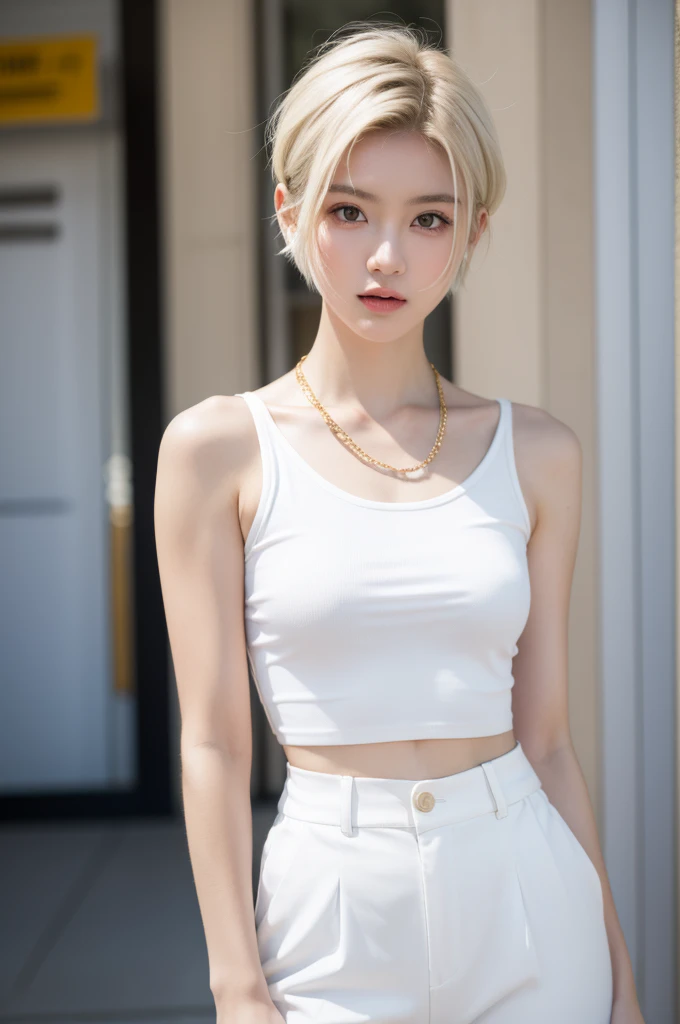 (masterpiece, best quality, beautiful and aesthetic:1.3), 1 Girl, Solitary, White waist short suit，Gold suit buttons，White shirt，White trousers，Mermaid Line，A faint smile, Model pose, Looking at the audience, Android 18, (White short hair:1.6), blue eyes, eyelash, Hoop Earrings, necklace, On the Street
