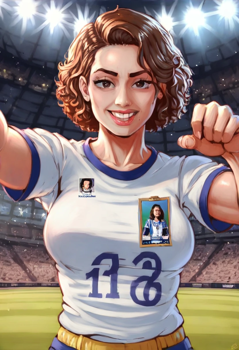 beautiful young woman with short red hair, colombia national team jersey with name carmen and jersey number 24, standing in a stadium, (best quality,4k,8k,highres,masterpiece:1.2),ultra-detailed,(realistic,photorealistic,photo-realistic:1.37),HDR,UHD,studio lighting,ultra-fine painting,sharp focus,physically-based rendering,extreme detail description,professional,vivid colors,bokeh,portrait,sports,soccer,female athlete,stadium crowd,cheering fans,national pride
