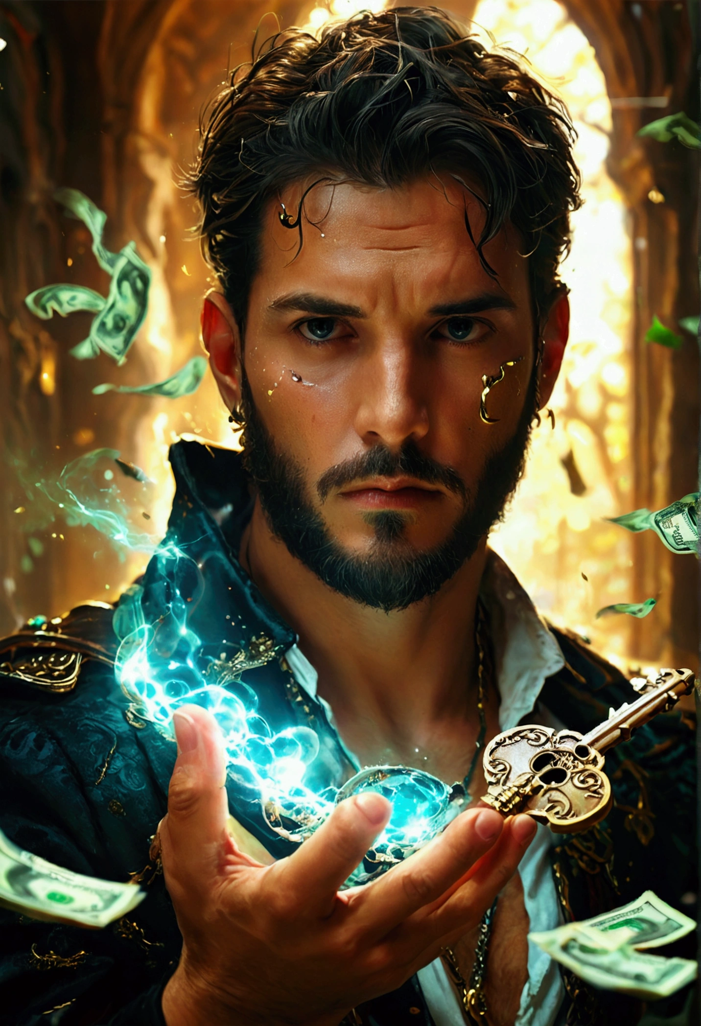 art bra, best qualityer:1.4),(absurderes, A high resolution, ultra detaild:1.2), (1 man handsome:1.4),(using dark magie:1.4), short beard, shorth hair, magie,Playful illustration, imaginative overlays, artistic fusion,fantastic scenes, evocative narratives, impressive visual effects, trunk, holding magic key with mysterious light floating, money flying