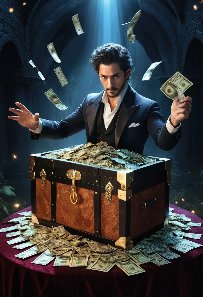 art bra, best qualityer:1.4),(absurderes, A high resolution, ultra detaild:1.2), (1 man handsome:1.4),(using dark magie:1.4), short beard, shorth hair, magie,Playful illustration, imaginative overlays, artistic fusion,fantastic scenes, evocative narratives, impressive visual effects, trunk, holding magic key with mysterious light floating, money flying